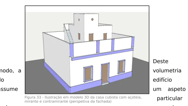 Figura 33 - Ilustração em modelo 3D da casa cubista com açoteia,  mirante e contramirante (perspetiva da fachada)