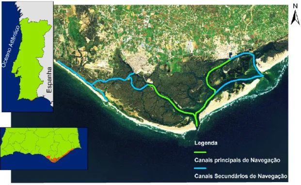 Figura 1 - Área de Estudo. Parte Central e Poente do sistema lagunar da Ria Formosa. 