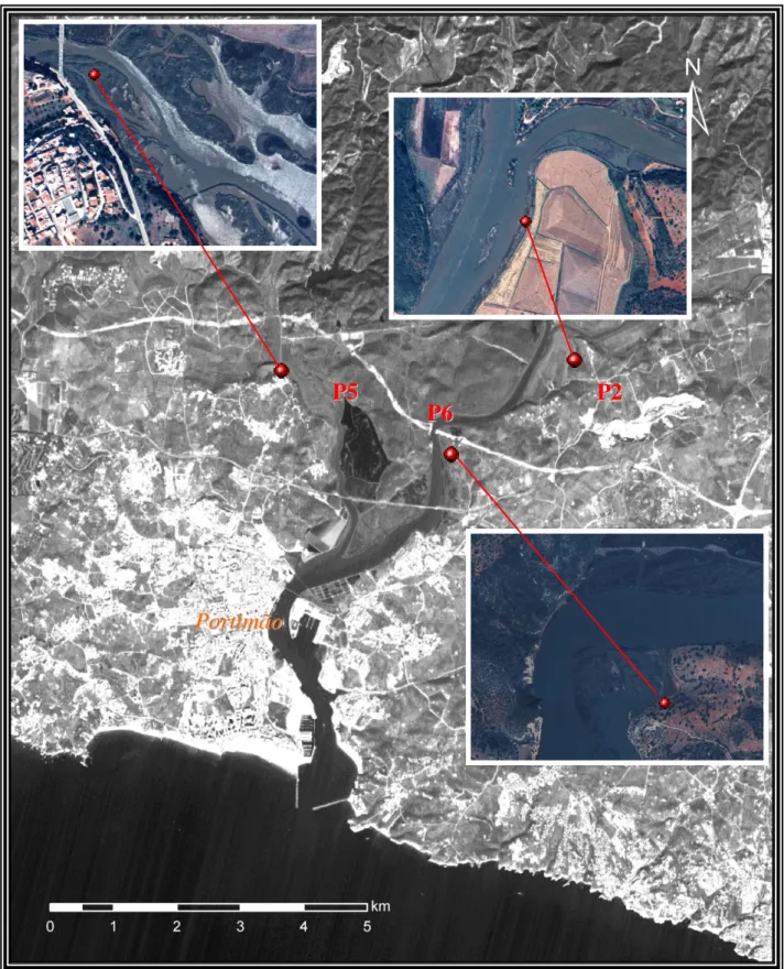 Figura 1. 2 – Fotografia de satélite com a localização exacta das três sondagens efectuadas no estuário do Rio  Arade, P2, P5 e P6.