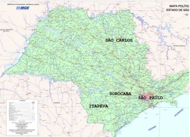 Figura 1. Localização das cidades de Itapeva, Sorocaba, São Paulo e São Carlos no  Estado de São Paulo