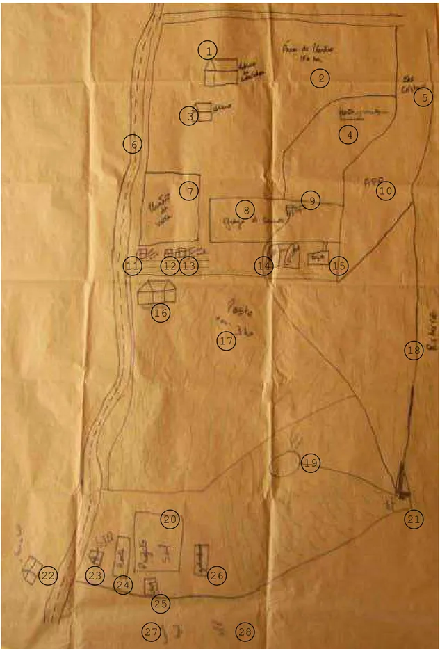Figura 3. Mapa elaborado pelo Filho 2 e o esposo da Filha em 17/01/2007 e que  mostra a organização do lote de produção da família 