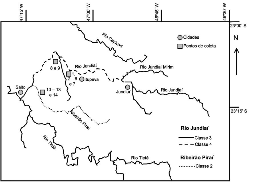 FIGURA 4.4.1. Mapa da região estudada da bacia do Rio Jundiaí e a indicação dos pontos de coleta