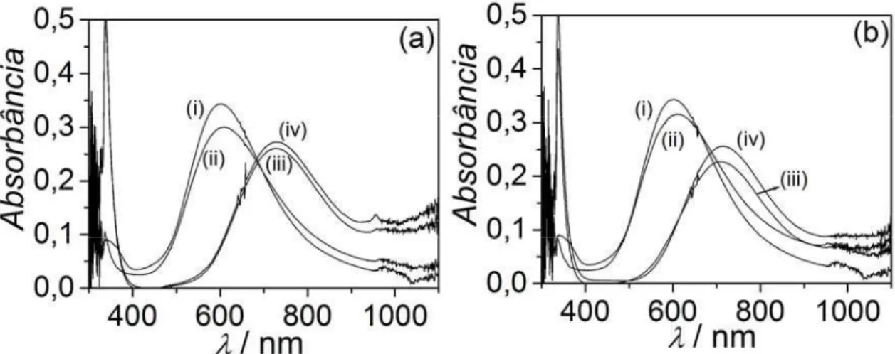 FIGURA  4.5:  Espectro  de  absorção  molecular  na  região  do  ultravioleta-visível  de  solução  de  AgNO 3  5,0 × 10 -4  mol L -1  + Cu(NO 3 ) 2  1,0 × 10 -3  mol L -1  + EB NH3  contendo várias concentrações  de (a) EDTA e (b) HEDTA: (i) sem aditivo, 