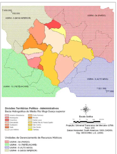 Figura 5:  Localização das unidades de gerenciamento regional de recursos  hídricos e dos municípios que compõem a Bacia Hidrográfica do Rio  Mogi-Guaçu Superior, São Paulo, Brasil