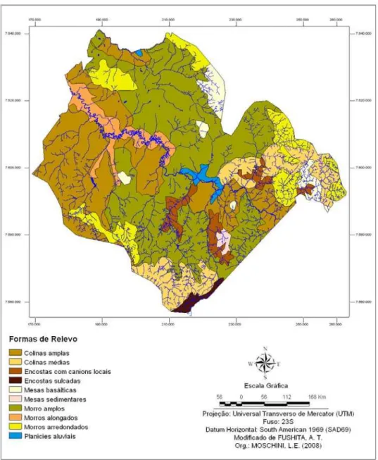 Figura 13:  Formas de relevo sobreposto a hidrografia da Bacia Hidrográfica do  Médio Rio Mogi-Guaçu Superior, São Paulo - Brasil