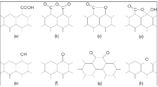 Figura 3.15 - Possíveis dos grupos funcionais nas arestas de carbono: grupos carboxilas (a)  podem resultar em anidridos carboxílicos (b) se esses grupos são adjacentes