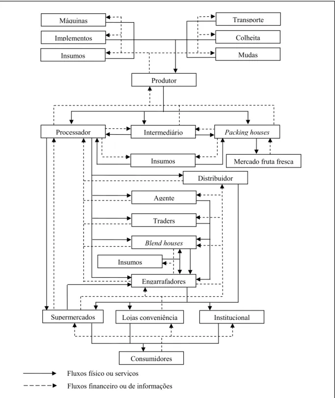FIGURA 5. Diagrama esquemático dos fluxos físicos, de serviços, financeiros e de informações do sistema  agroindustrial de cítricos da Flórida 
