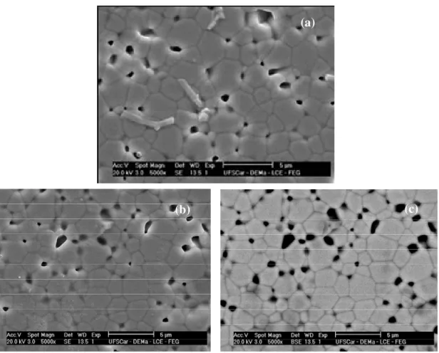 Figura 4.19 Micrografia de superfície polida e termicamente atacada da  composição CGd sinterizada a 1500 °C por 2 h (a); (b) ES; (c) ERE 
