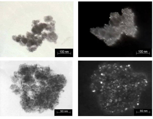 Figura 4.5 Micrografias de microscopia eletrônica de transmissão (a) CY,  campo claro; (b) CY, campo escuro; (c) CGd, campo claro; (d)  CGd, campo escuro