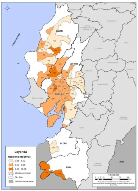 Figura 4. Mapa de rendimiento de arroz a nivel cantonal – Ecuador, 2017 (MAGAP, 2018) 