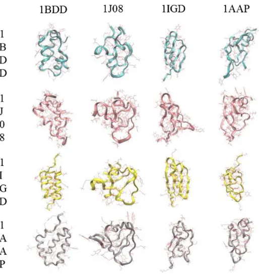 Fig. 1 Initial four main conformers of the four proteins, displayed in a matrix-like fashion