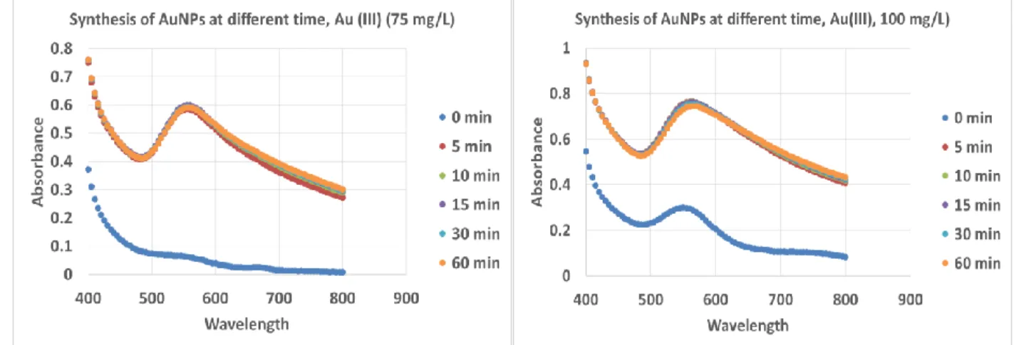 Figure 9 UV-Vis synthesis progresses of AuNPs at different time and concentration. 