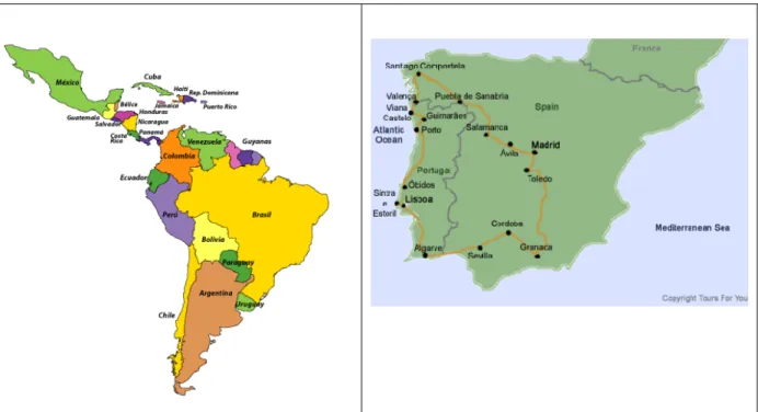 Figura 3 – Mapas da América Latina, Caribe, Portugal e Espanha 