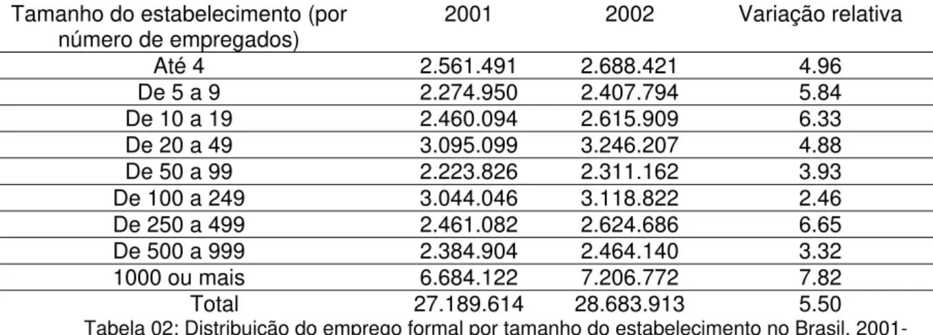 Tabela 02: Distribuição do emprego formal por tamanho do estabelecimento no Brasil, 2001- 2001-2002
