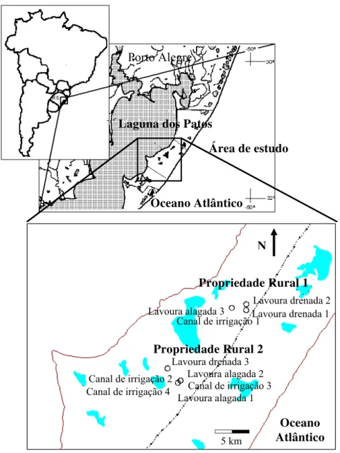 Figura 1. Área de estudo, destacando as lavouras de arroz e os canais de irrigação  estudados em duas propriedades rurais na Planície Costeira do Rio Grande do Sul