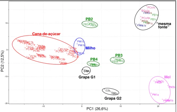 Figura 3.3-14. Gráfico de scores de PC1 x PC2 dos espectros de RMN de  1 H dos diferentes  tipos de aguardentes, após a exclusão das aguardentes PC10 e PT (39,1%) 