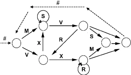 FIGURE  1.  The  artificial  grammar  used  in  this  study.  Grammatical  sequences  are  generated  by  traversing the transition graph along the indicated directions (e.g., MSVRXVS)