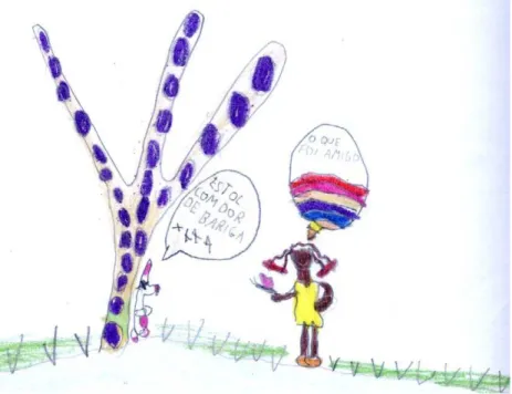 Figura 1: Desenho da aluna Bruna, 6 anos, professora Tereza  Transcrição: O que foi amigo? Estou com dor de barriga