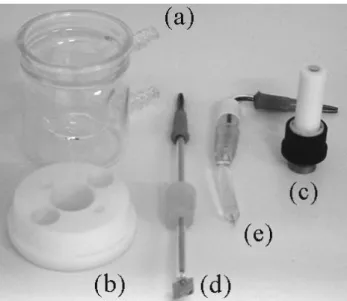 FIGURA 4. 1 – Cela voltamétrica (a), tampa (b) e eletrodos de trabalho (c), auxiliar  (d) e referência (e) utilizados