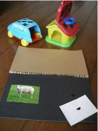 Figura 5. Fotografia do livro e dos brinquedos industrializados utilizados como  estímulos modelo no Estudo 2