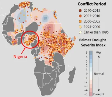 Figure 1. Relationship between drought (Palmer Drought Severity Index, from 2005 to 2014) and  violent conflict (UCDP, from 1995 to 2014) in part of the African continent, with focus to  Nigeria inner the red circle 