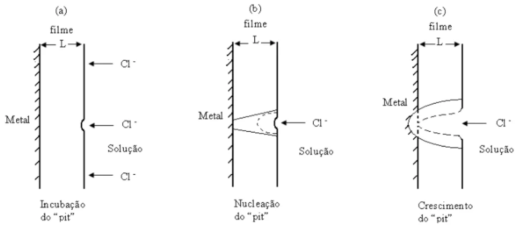 Figura 23: Esquema do processo de desenvolvimento da corrosão por pite [55]. 