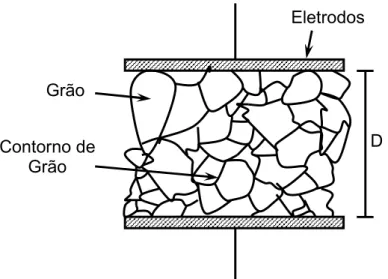 Figura 12. Ilustração da microestrutura característica de um varistor com grão de ZnO  pouco homogêneo (D é a distância entre os eletrodos)