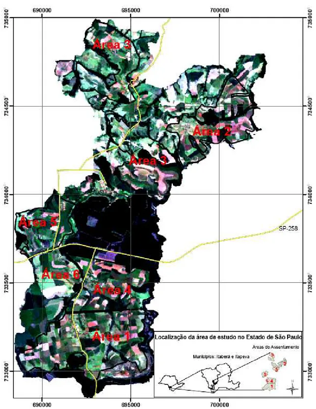 FIGURA 1 - Localização geográfica da área de estudo no assentamento Pirituba II: subdivisão  das áreas I, II, III, IV, V, VI, localizadas entre os municípios de Itapeva e Itaberá no Estado de  São Paulo