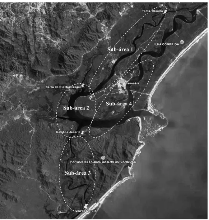 Figura 2. Sub-áreas amostradas na avaliação de estoque da ostra de mangue no estuário  de Cananéia 