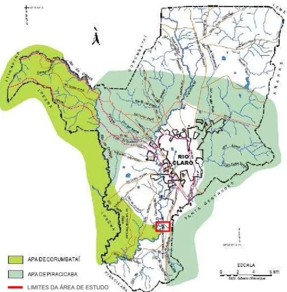 Figura 3. Localização da área de estudo no Município de Rio Claro-SP (adaptado de Antonio Filho,  2003) 