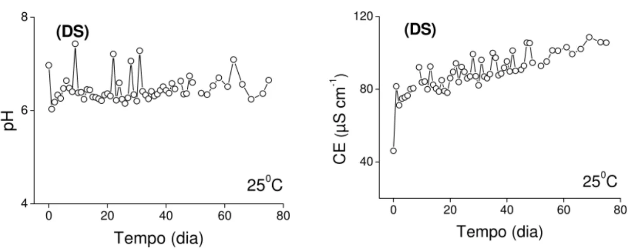 Figura 24: Variações temporais do pH e da CE (µS cm -1 ) durante a mineralização  aeróbia do detrito íntegro senescente (DS) de M