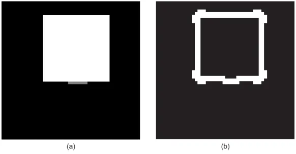 Figura 56: Sobreposição do quadrado sobre retângulo (99%): (a) imagem gerada; (b) bordas dilatadas da imagem.