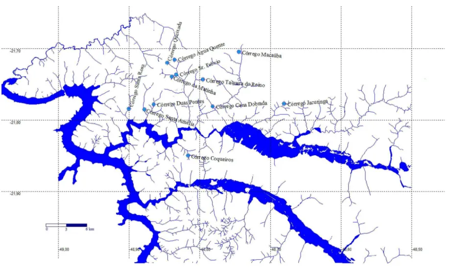 Figura 1 – Riachos de baixa ordem selecionados na Bacia do Rio Jacaré-Guaçu. 