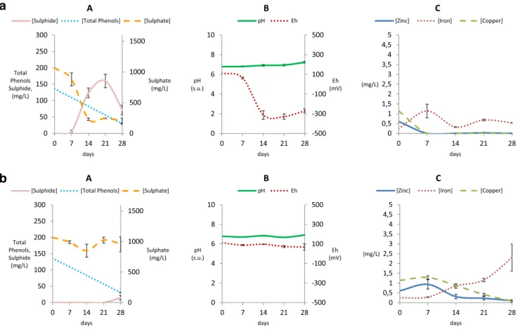 Fig. 3    Results from the 28-day batch experiments with 10% (w/v)  marble residue powder: a test with 20 mL OMWW, 75 mL nwAMD,  and 5  mL SRB-enriched inoculum, b negative control with 20  mL 