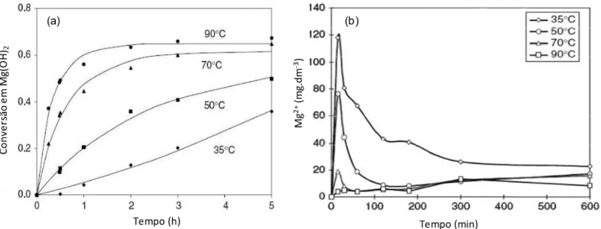 Figura 2.7 Reação de hidratação da magnésia em diferentes temperaturas,  monitorando-se a) a quantidade de hidróxido formado, b) a quantidade de íons 