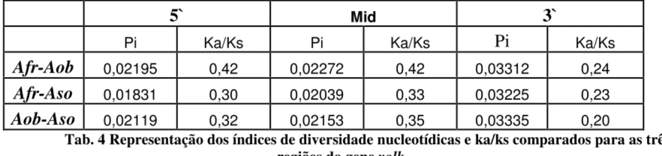 Tab. 4 Representação dos índices de diversidade nucleotídicas e ka/ks comparados para as três  regiões do gene yolk 