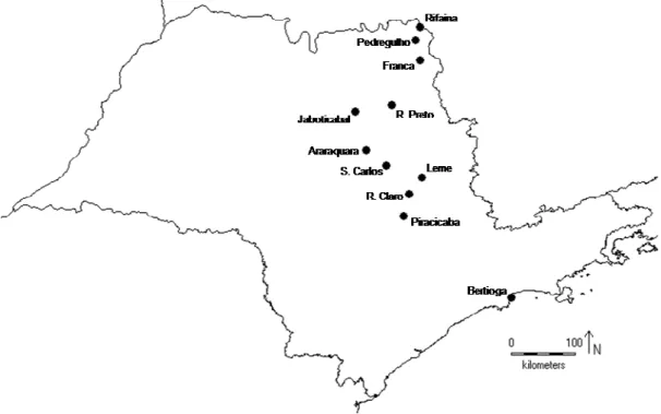 Figura  3.1:  Mapa  do  Estado  de  São  Paulo,  mostrando  as  cidades  onde  foram  realizadas  coletas as amostras de Euglossa cordata utilizadas no estudo de dispersão sexo-assimétrica