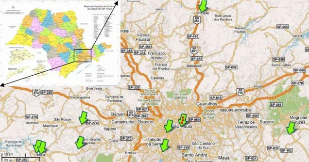 Figura 7: Localização  da cidade de dos distribuidores de orgânicos pesquisados no entorno da  cidade de São Paulo