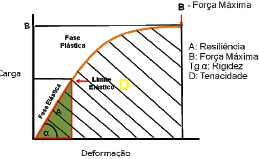 Figura 3 – Curva força deformação esquemática obtida num teste biomecânico, pela qual se obtém os parâmetros  biomecânicos que foram utilizados