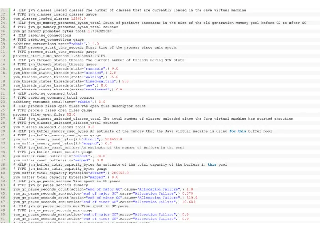 Figure 5 - Example of a Prometheus endpoint, of a Spring Boot microservice, displaying the Java and RabbitMQ  metrics for instance 