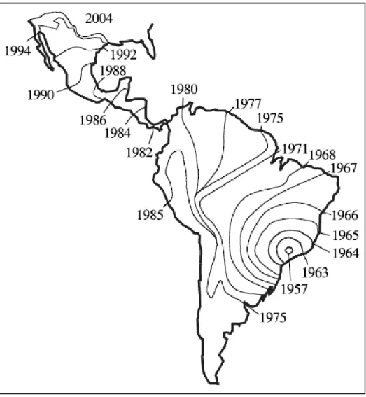 Figura 2. Mapa demonstrando a expansão dos enxames africanizados ao longo do  continente  americano  durante  o  processo  de  africanização