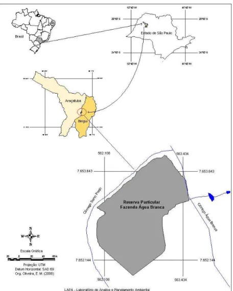 Figura 9.  Localização geográfica da Reserva Particular da Fazenda Água-Branca (RPFAB),  região noroeste do Estado de São Paulo, entre os municípios de Araçatuba e  Birigui