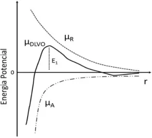 FIGURA 2. Mostra o comportamento típico de µ R , µ A , e µ DLVO  como uma função da distância  entre as duas superfícies