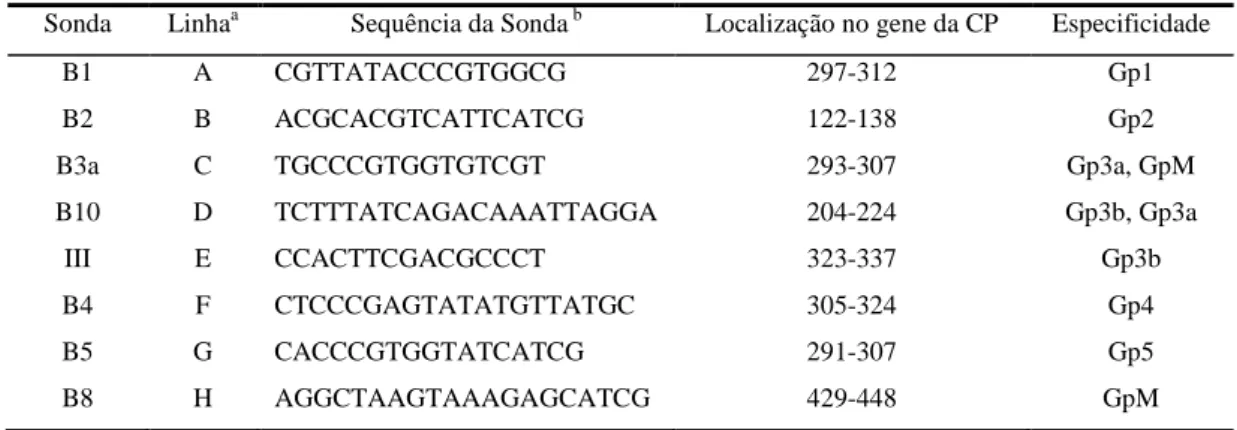 Tabela  2.2.2  -  Localização,  especificidade  e  sequência  das  sondas  biotiniladas  usadas  no  ensaio  de  APET