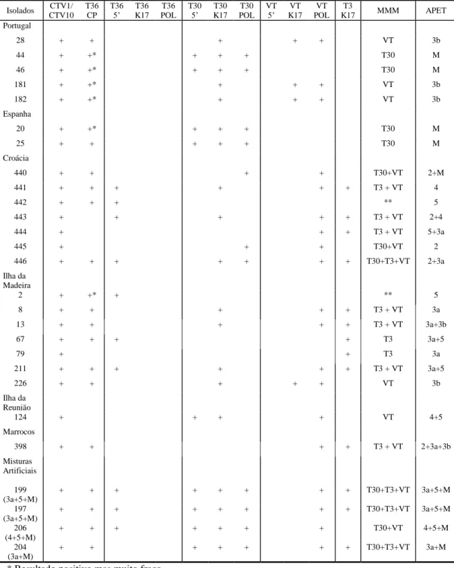 Tabela 2.3.3 - Comparação entre a análise dos múltiplos marcadores moleculares e a tipificação por PCR  assimétrico-ELISA