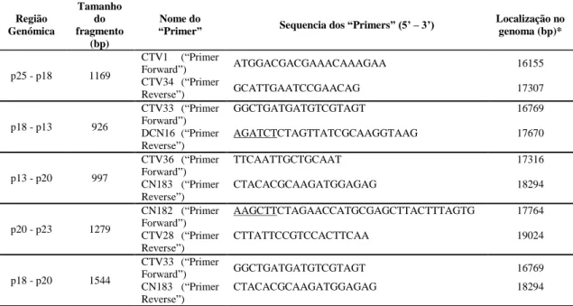 Tabela 4.2.2 – “Primers” usados na amplificação das várias regiões genómicas de CTV. 