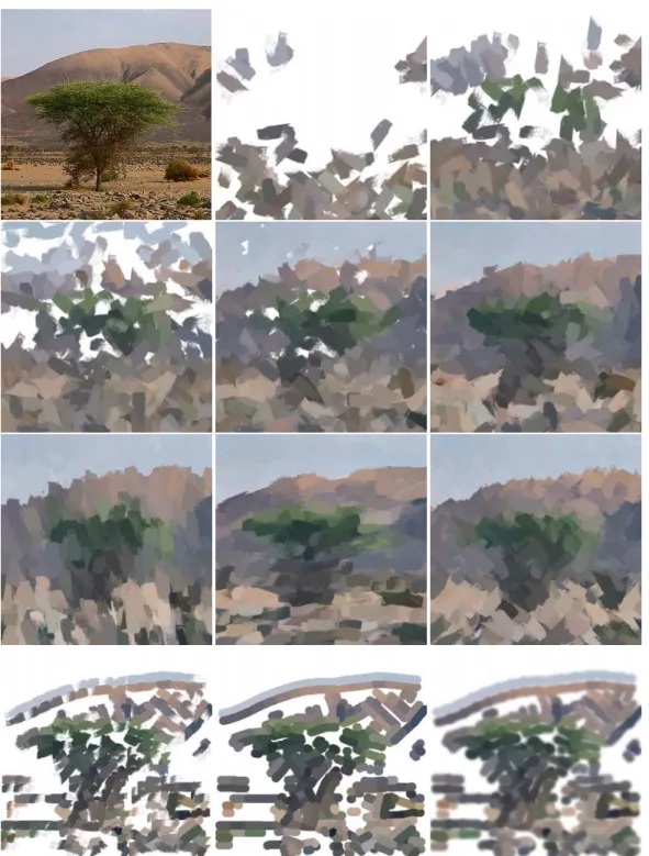 Figure 1: Input image (top-left), and the background process using random oil strokes with a flat brush