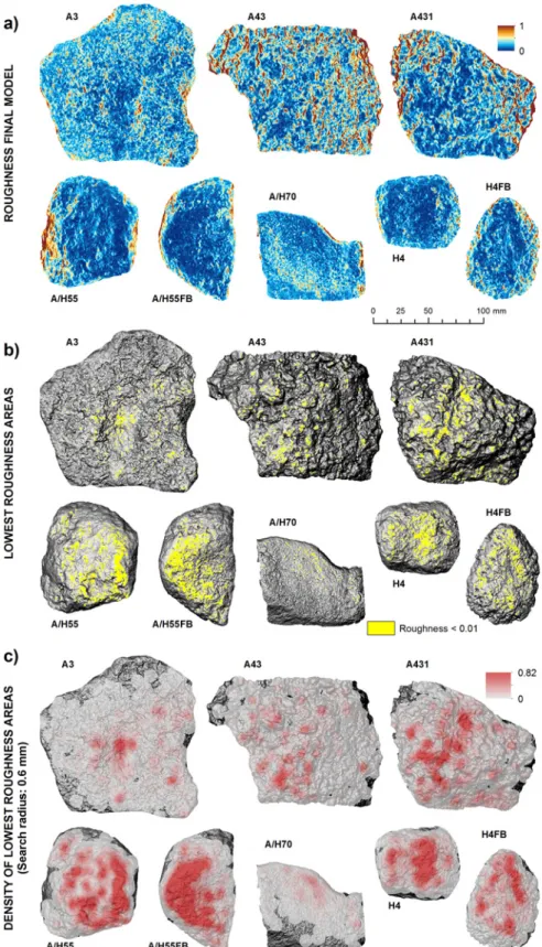 Fig 3. Roughness model applied to the identification of polished areas. A). Roughness final model derived from the combination of roughness models TRI, VRM and 3D/2D area ratio