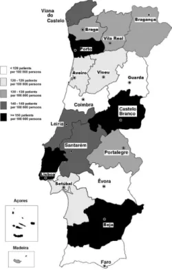 Figura 1. Prevalência de DII em Portugal por distrito [3] 