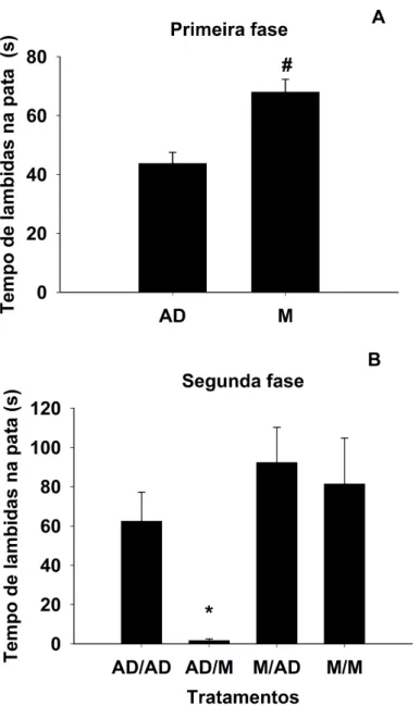 Figura 5: (A) Tempo de lambidas na pata traseira direita durante a primeira fase do teste de formalina em ratos  tratados com água destilada (AD) ou morfina (M) diariamente por 5 dias consecutivos (n= 19-26)